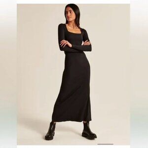 Abercrombie & Fitch Long Sleeve Ribbed Knit Squareneck Maxi Dress Size XS Black